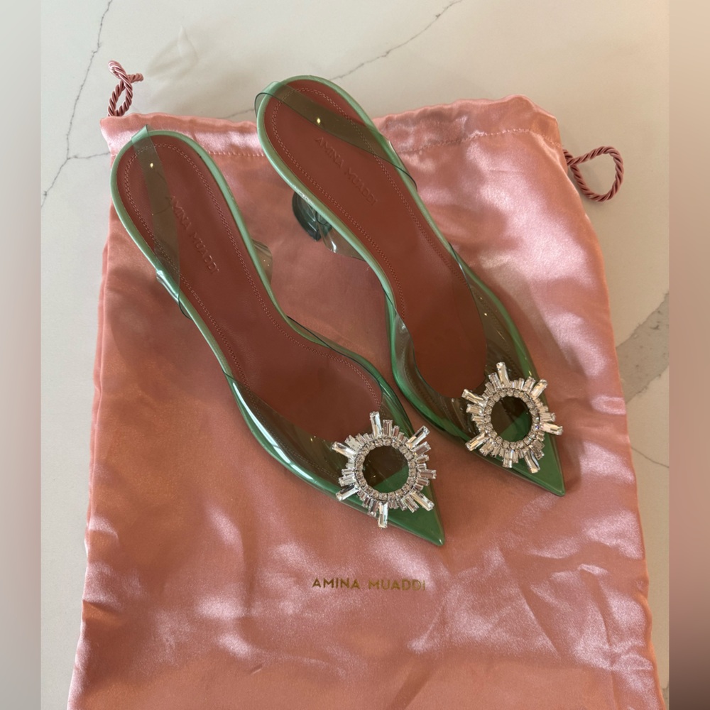 Amina Muaddi Emerald Green Heels with Crystal Accents